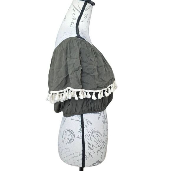 Lavender Field Women's Size Large Olive Green White Fringe Off Shoulder Crop Top - Picture 3 of 6